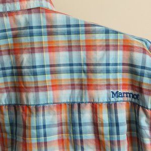 MARMOT Men's orange, blue and white plaid short sleeve hiking fishing XL